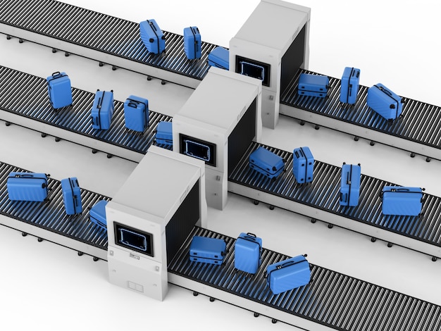 3D-Rendering-Scanner-Maschine scannt Gepäck im Flughafen