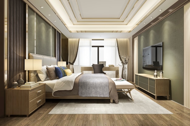 3D-Rendering schöne asiatische Schlafzimmer-Suite mit minimalem Luxus im Hotel mit Fernseher