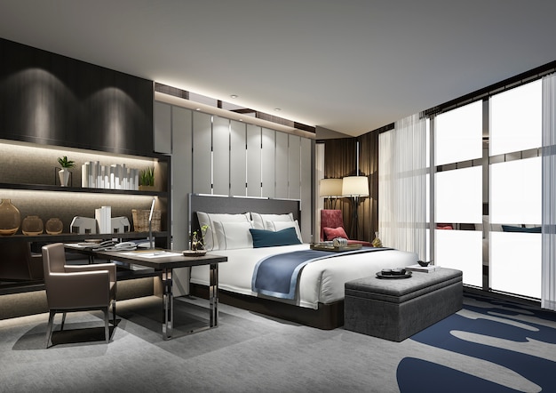 3D-Rendering schöne Luxus-Schlafzimmer-Suite im Hotel mit TV und Arbeitstisch und Regal