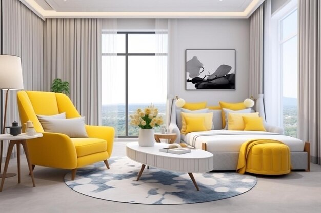 3D-Rendering schöner luxuriöser gelber Sessel mit Schlafzimmer-Suite in einem Hotel mit Couch