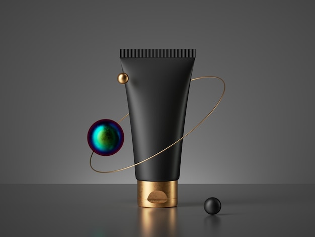 3d-Rendering Schwarze Kosmetikflasche mit goldener Kappe