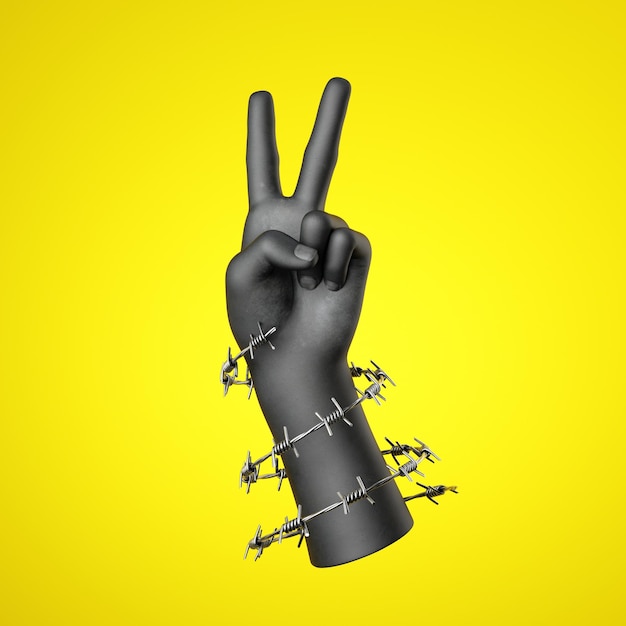 3D-Rendering schwarze menschliche Hand mit Stacheldraht umwickelt isoliert auf gelbem Hintergrund