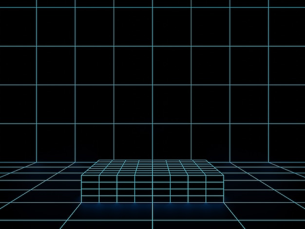 3D-Rendering. Schwarzes und blaues geometrisches Gitterproduktstandmodell.