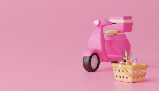 3D-Rendering Scooter lieferbereit in den Einkaufswagen Online-Shopping-Konzept hinzufügen