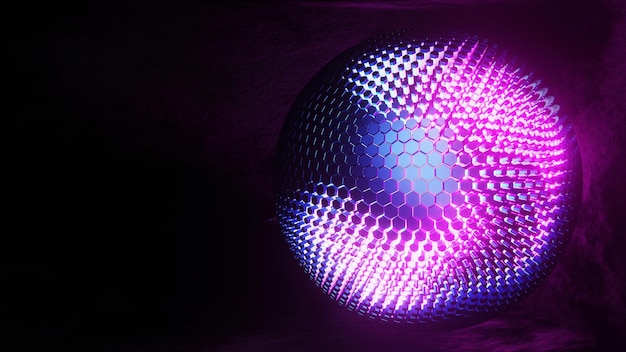 3D-Rendering-Sechseck-Gitterkugel mit leuchtender Kantenfarbe in der Dunkelkammer