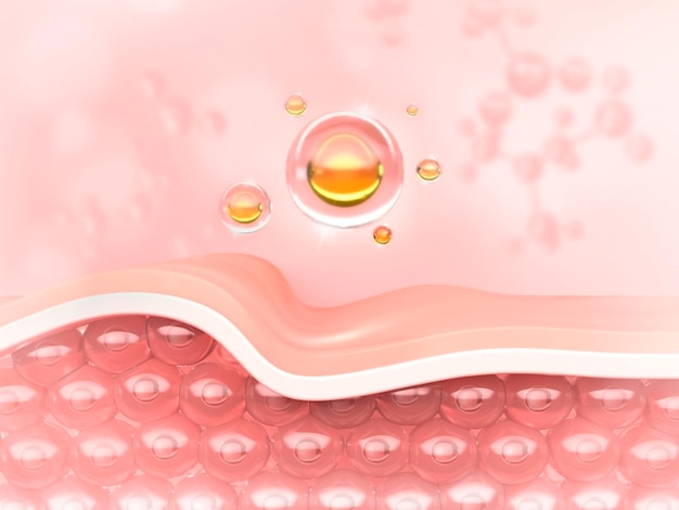 Foto 3d rendering serum cosmético gotas de óleo em células de pele flácida serum de colágeno hidratante para reparação da pele