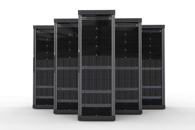 3D-Rendering-Server-Computer-Cluster auf weißem Hintergrund