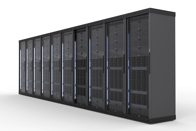 3D-Rendering-Server-Computer-Cluster auf weißem Hintergrund