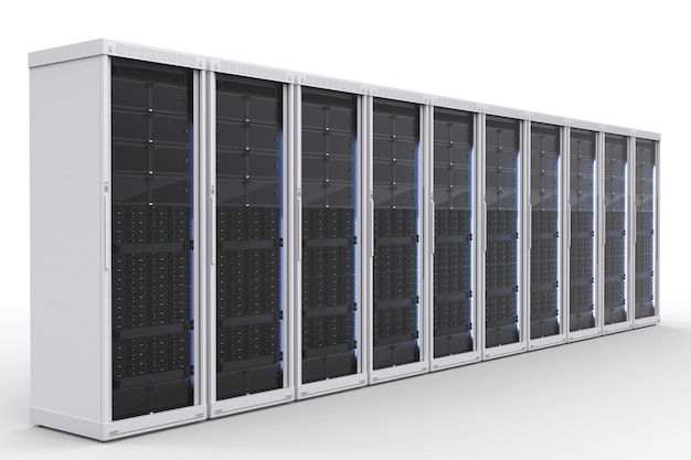 3D-Rendering-Server-Computer-Cluster auf weißem Hintergrund