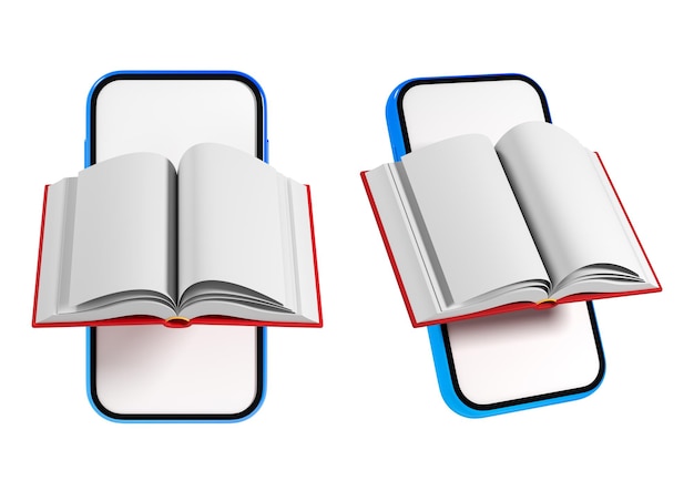 3D-Rendering-Set E-Book-Icon-Buch vor dem Smartphone Beschneidungspfad jedes enthaltenen Elements