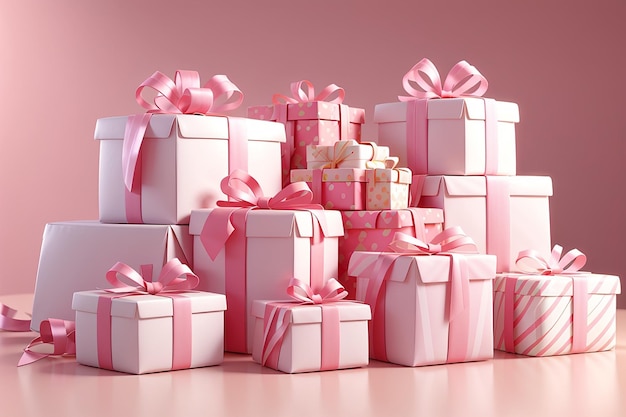 3D-Rendering-Set von eingepackten Geschenkkisten mit rosa-weißem Thema im Konzept der Geburtstagsfeier