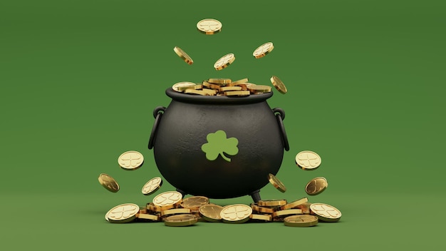 3D-Rendering-Set von St. Patrick's Day-Ferienelementen einschließlich Goldmünzen, grünen Hüten und Kleeblümchen