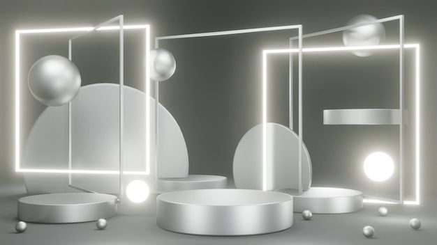3D-Rendering Silber Podium Produktpräsentationsständer mit abstraktem geometrischem LED-Licht