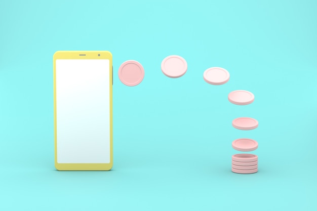 3D-Rendering-Simulation eines Smartphones, das Geld in Münzen generiert. Pastellfarben