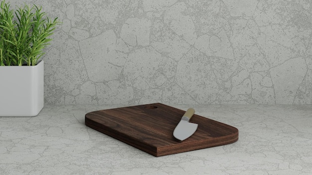 3D Rendering Single Knife puesto en la tabla de cortar cuadrada de madera oscura