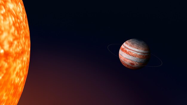 Foto 3d-rendering sonne und jupiter im schwarzen hintergrund