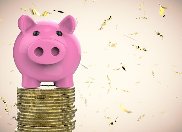 Foto 3d-rendering sparschwein mit stapel goldmünzen