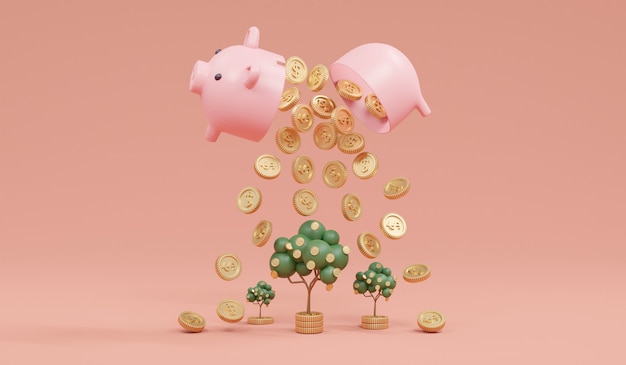 3D-Rendering Sparschwein offene Münze, die fällt, um Geldbaum auf dem Hintergrundkonzept des Sparens oder Investierens zu wachsen