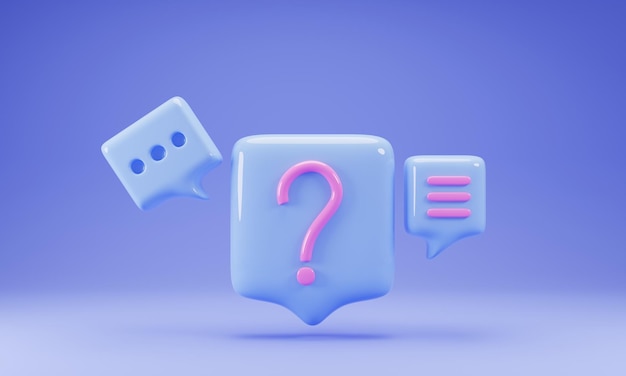 3D-Rendering-Sprechblasensymbol mit Fragezeichen isoliert auf blauem Hintergrund 3D-Illustration