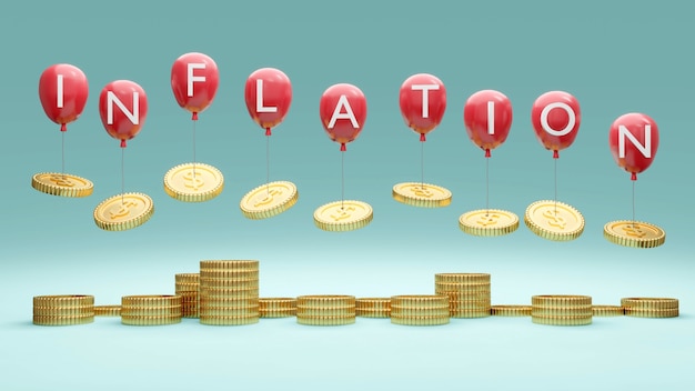 3D-Rendering Stapel von Münzen Ballons mit Text INFLATION im Konzept der finanziellen Inflation