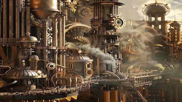 3D-Rendering Stellen Sie sich eine Steampunk-Metropole mit Getrieben und dampfbetriebenen Maschinen vor
