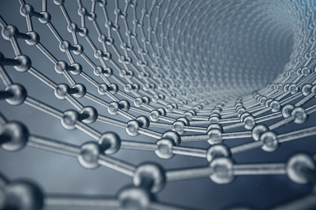 3d Rendering-Struktur der Graphenröhre, abstrakte nanotechnologische hexagonale geometrische Form Nahaufnahme, Konzept Graphen Atomstruktur, Konzept Graphen Molekülstruktur.