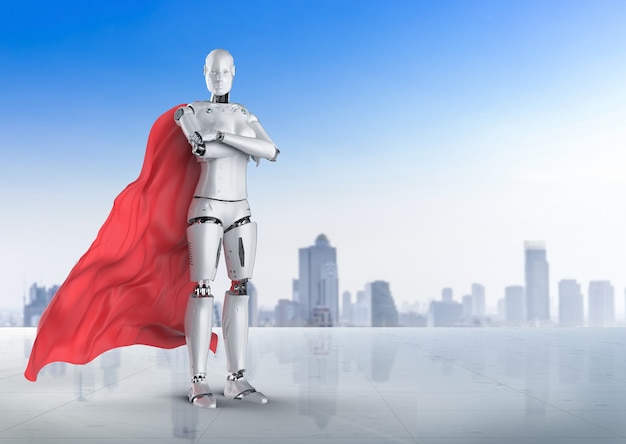 3D-Rendering Superhelden Cyborg oder Heldin Roboter mit rotem Mantel