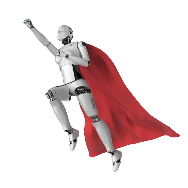 3D rendering superhéroe cyborg o robot heroína con capa roja