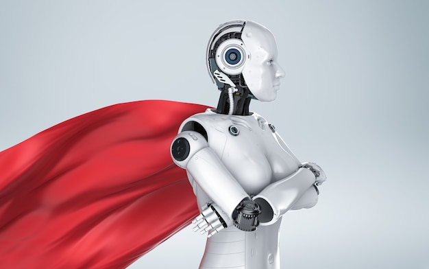 3D rendering superhéroe cyborg o robot heroína con capa roja