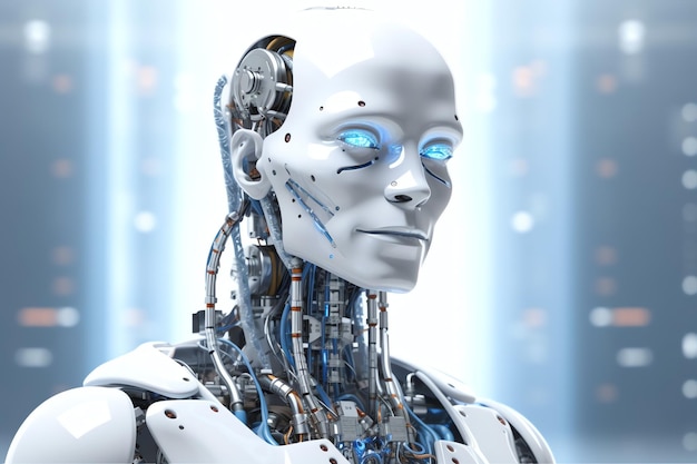 3D-Rendering-Technologie, Robotik-Datenanalyse oder futuristischer Cyborg mit künstlicher Intelligenz