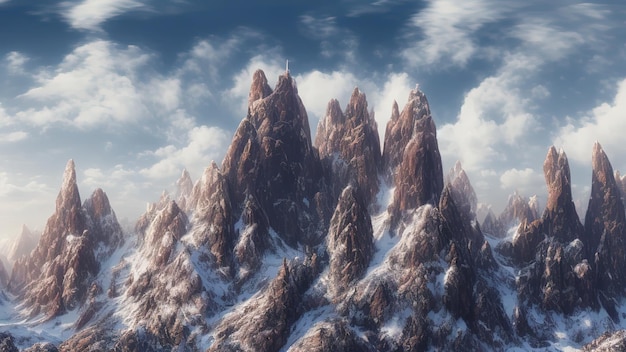 3D rendering terreno paisaje nubes blancas detrás de las montañas rocosas