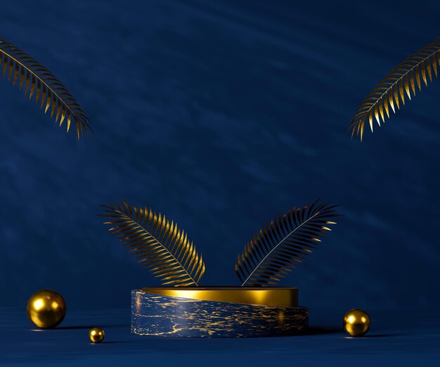 3D-Rendering Tiefblaue leere Zylinderpodeste mit goldener Palme und Kugeln