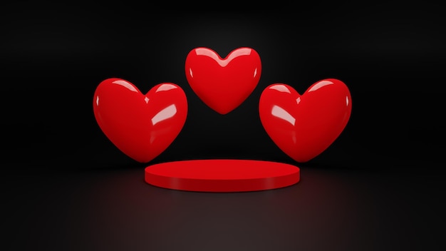 3D-Rendering Triple Valentine Red Glossy Heart mit rotem Podium und schwarzem Hintergrund