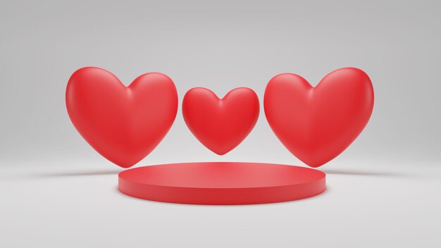 3D-Rendering Triple Valentine Red Heart mit rotem Podium und weißem Hintergrund