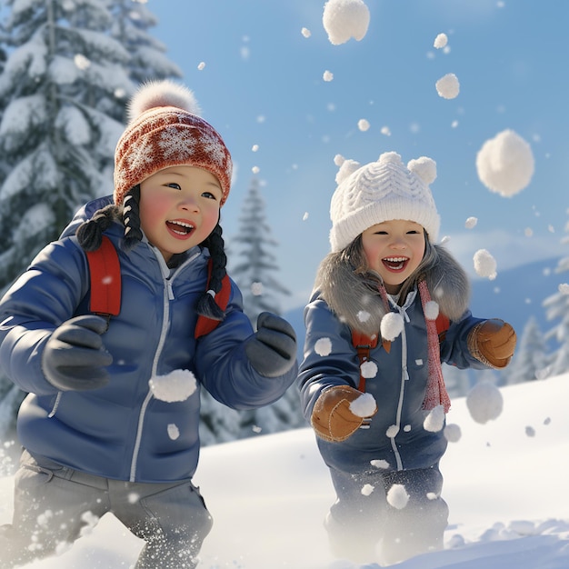 3D-Rendering ultra-realistischer Kinder, die im Schnee spielen und sich amüsieren
