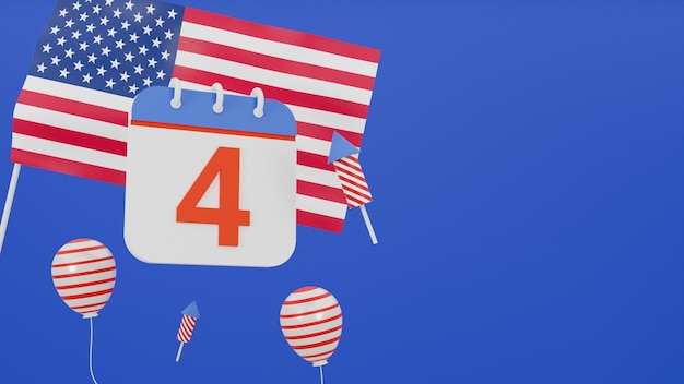 3D-Rendering Unabhängigkeitstag 4. Juli Grußkarte Poster Banner Nationalflaggen der Vereinigten Staaten mit Kalendertag 4. und Luftballons auf blauem Hintergrund