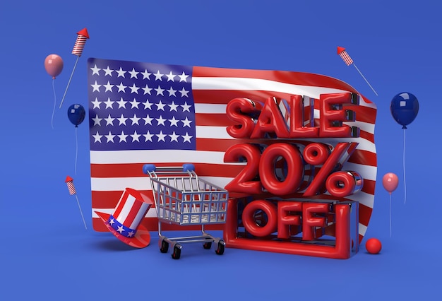 3D-Rendering Usa-Flagge 4. Juli USA Independence Day Concept 20 Sale OFF Discount Banner