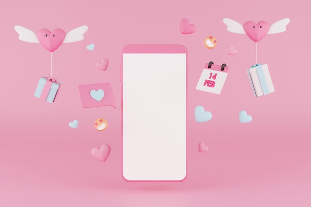 3D-Rendering Valentinstag Hintergrund mit Smartphone Kalender Herz und Liebe Emoticon