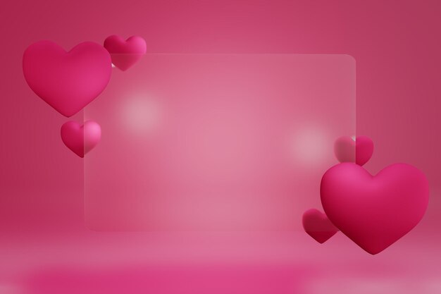 3d-Rendering Valentinstag Rote Herzen und Glasbanner für den Beschriftungstext Viva Magenta