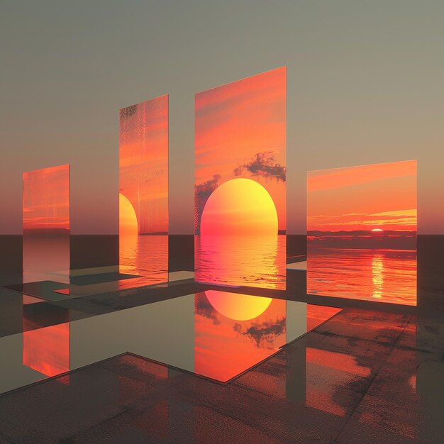 Foto 3d-rendering verschiedener fotos der sonnenuntergang, bevor es dunkel und mysteriös minimalistisch setzt