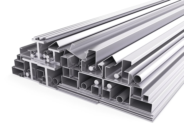 3D-Rendering verschiedener Metall- und Stahlprodukte der galvanisierten Metallindustrie