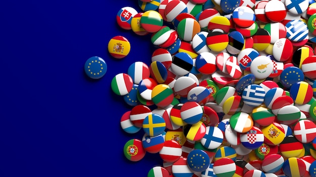 Foto 3d-rendering vieler glänzender knöpfe der flaggen der europäischen union über blau