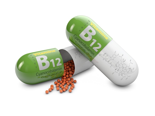 3D-Rendering Vitamin B12-Pillen auf weißem Hintergrund. Konzept der Nahrungsergänzungsmittel.