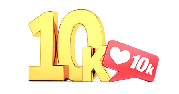 3D-Rendering von 10k Followern danke isoliert auf weißem Hintergrund, Gold 10000 Follower