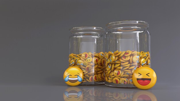 3D-Rendering von 2 Gläsern gefüllt mit vielen glänzenden Emoji-Pillen auf grauem Hintergrund