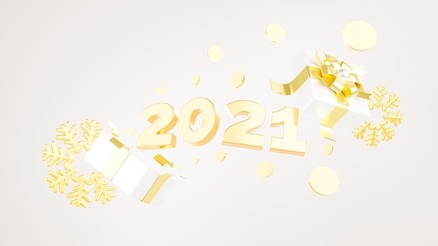 3D-Rendering von 2021, der aus der Geschenkbox bei Neujahrsfest schwimmt