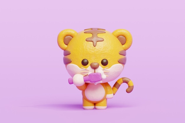 3D-Rendering von 3D-Figuren aus Zeichentrickfilmen, bei denen ein niedlicher Tiger Zähne putzt