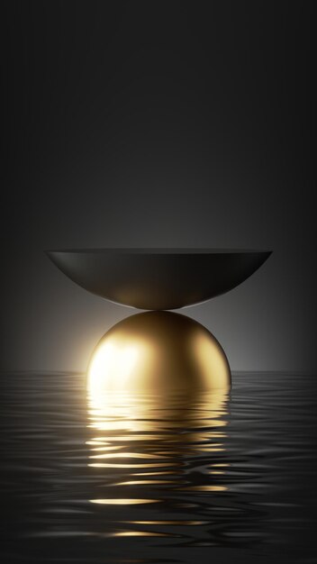 3D-Rendering von abstrakten minimalen schwarzen Hintergründen mit leerer Hemisphäre Podium goldener Kugel