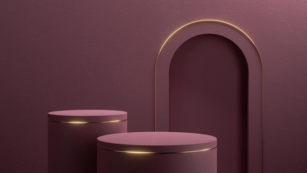 3D-Rendering von abstrakten monochromen rosa Hintergründen mit leeren Zylindern und Podiumswänden