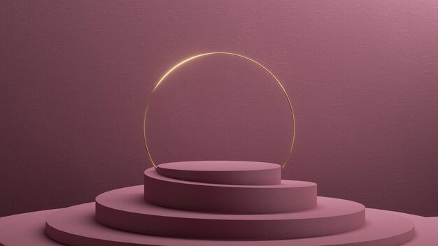 3D-Rendering von abstrakten monochromen rosa Hintergründen mit leerer runde Bühne und goldenem Bogen
